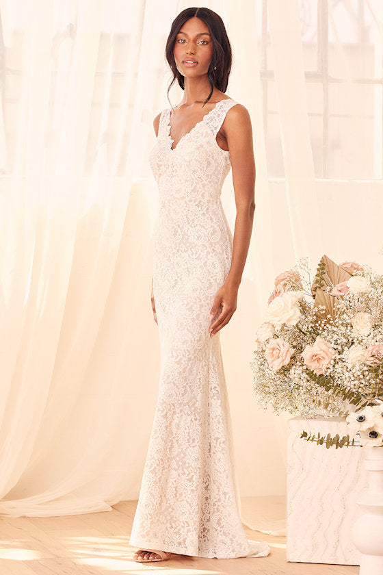 Spectacular Romance White Lace Sleeveless Mermaid Maxi Dress