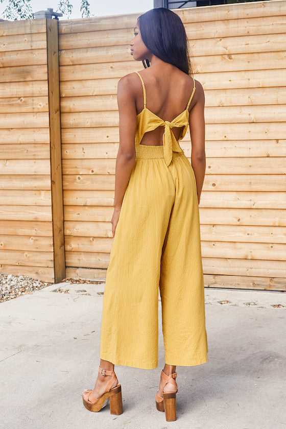 Coastal Air Mustard Yellow Striped Tie-Back Culotte Jumpsuit