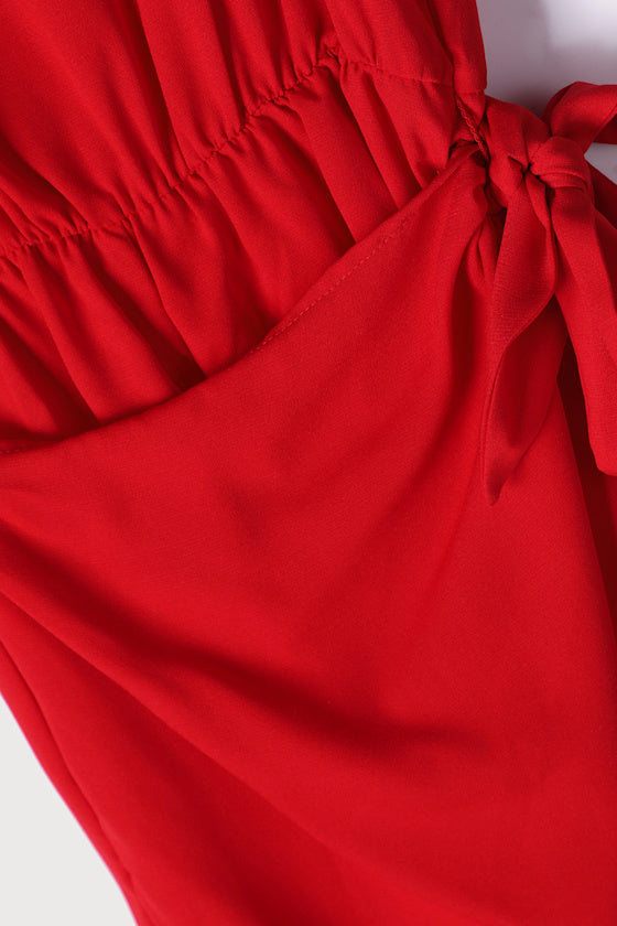 Take Us Out Red Tie-Back Faux Wrap Skort Romper