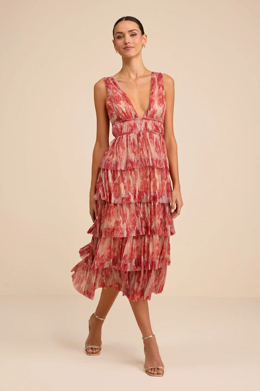 Valentia Magenta Plisse Sleeveless Tiered Midi Dress