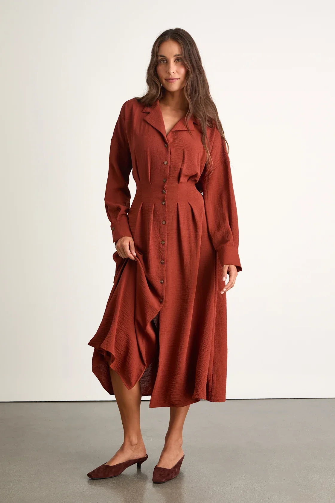 Timeless Class Rust Collared Button-Up Pleated Midi Dress