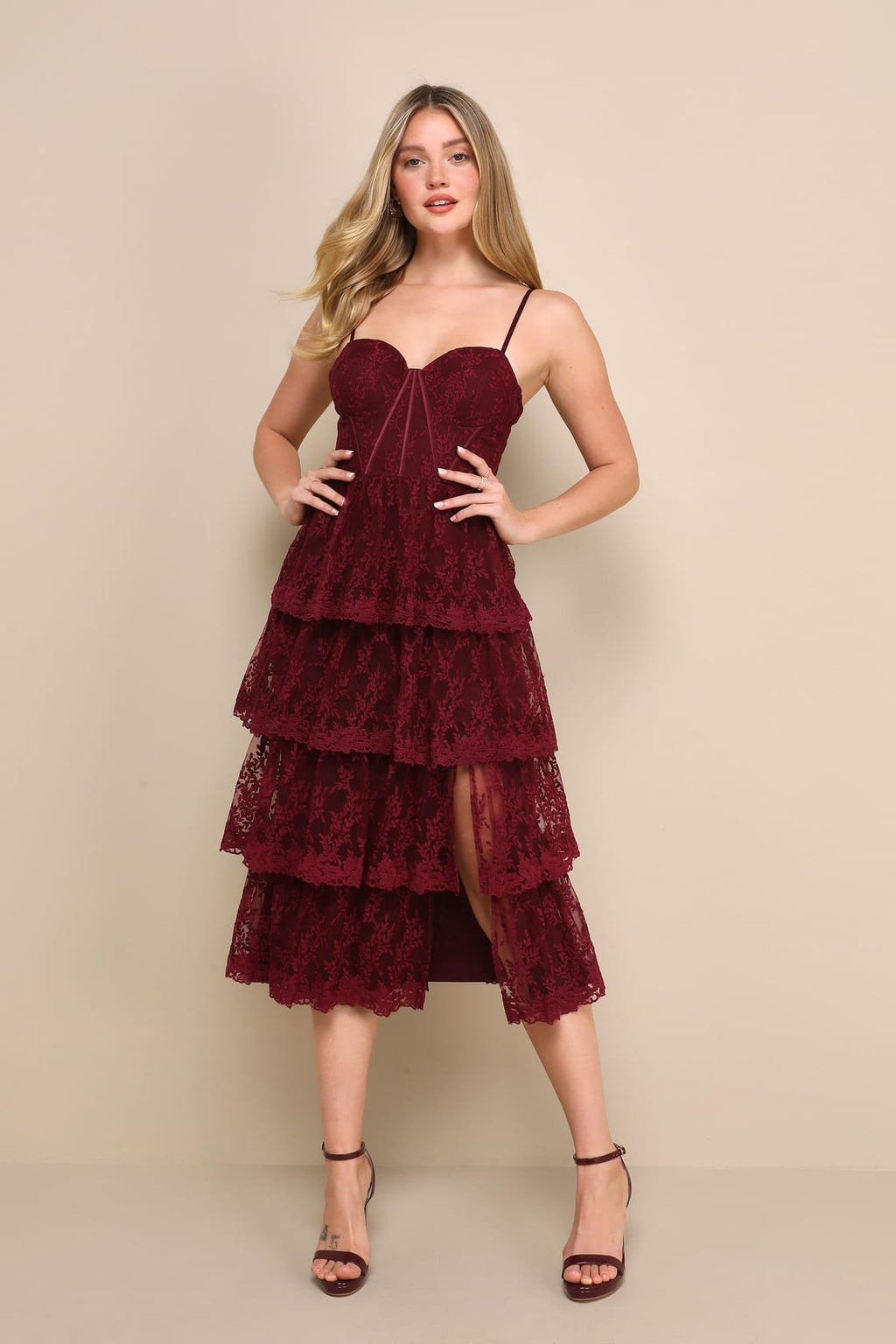 Exceptional Persona Wine Red Lace Tiered Bustier Midi Dress