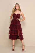 Exceptional Persona Wine Red Lace Tiered Bustier Midi Dress