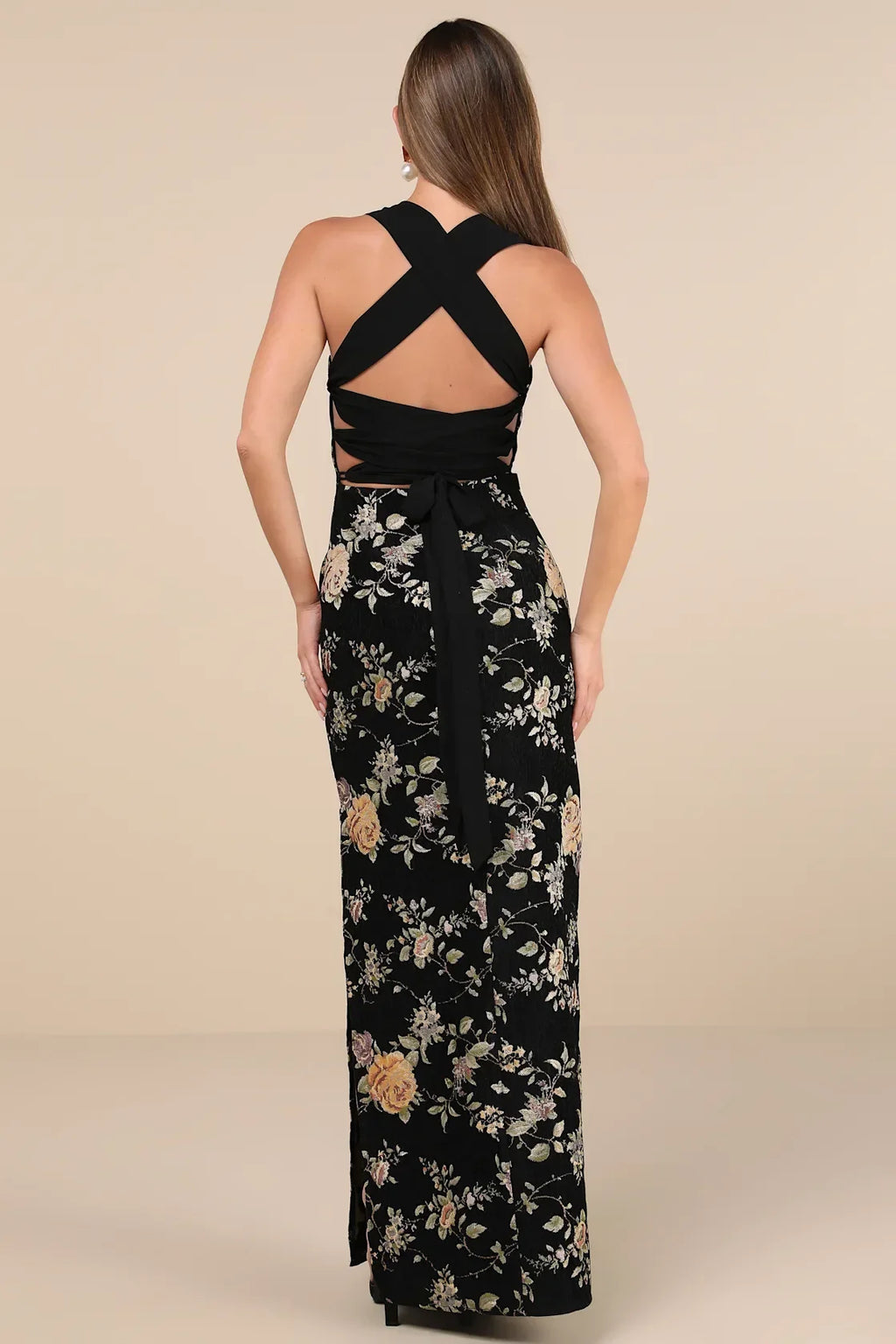 Pemberley Black Jacquard Lace-Up Maxi Dress