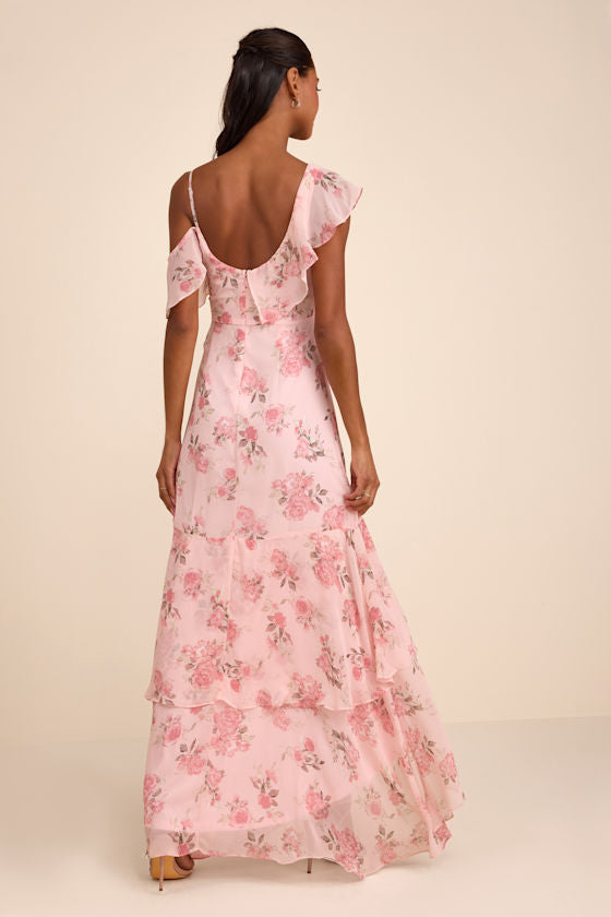 Velma Blush Floral Ruffled Asymmetrical Maxi Dress