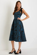 Beyond Graceful Black Floral Jacquard Velvet Tie-Strap Midi Dres