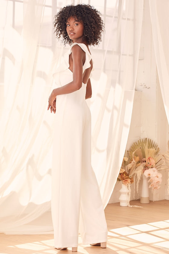 Feel Your Love White Ruffled Wide-Leg Jumpsuit