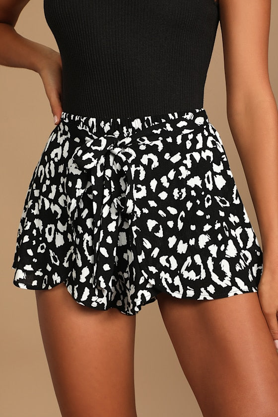Yana Black and White Leopard Print Tie-Front Shorts
