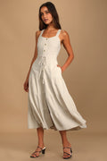 See the City Beige Button-Front Tiered Midi Dress