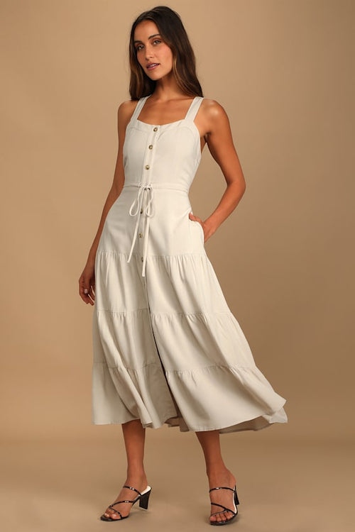 See the City Beige Button-Front Tiered Midi Dress