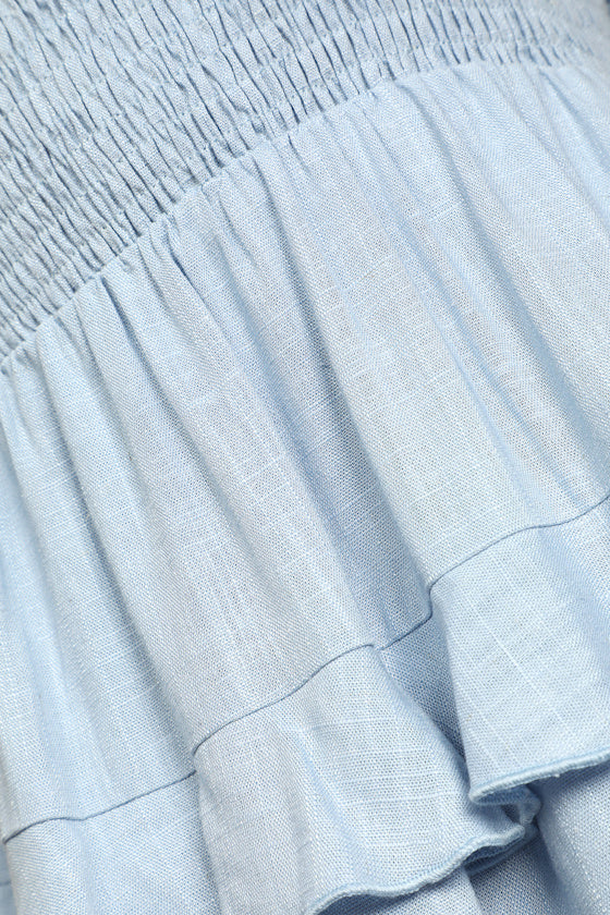 Super Sweet Light Blue Smocked Ruffled Tie-Back Mini Dress