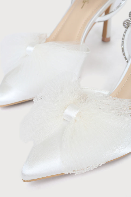 Lelanee White Satin Rhinestone Bow Ankle Strap Pumps