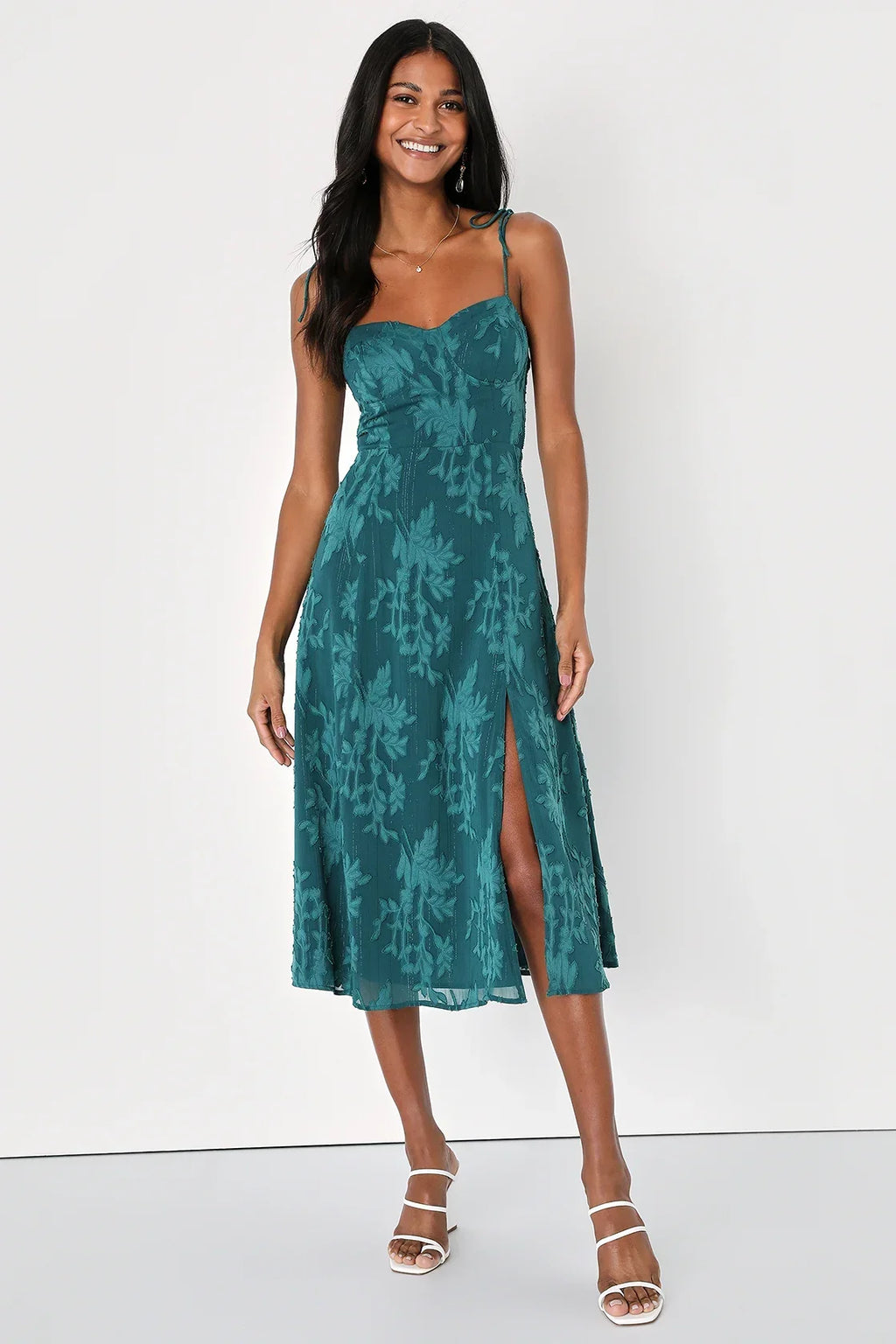 Loveliest Looks Navy Blue Floral Jacquard Tie-Strap Midi Dress