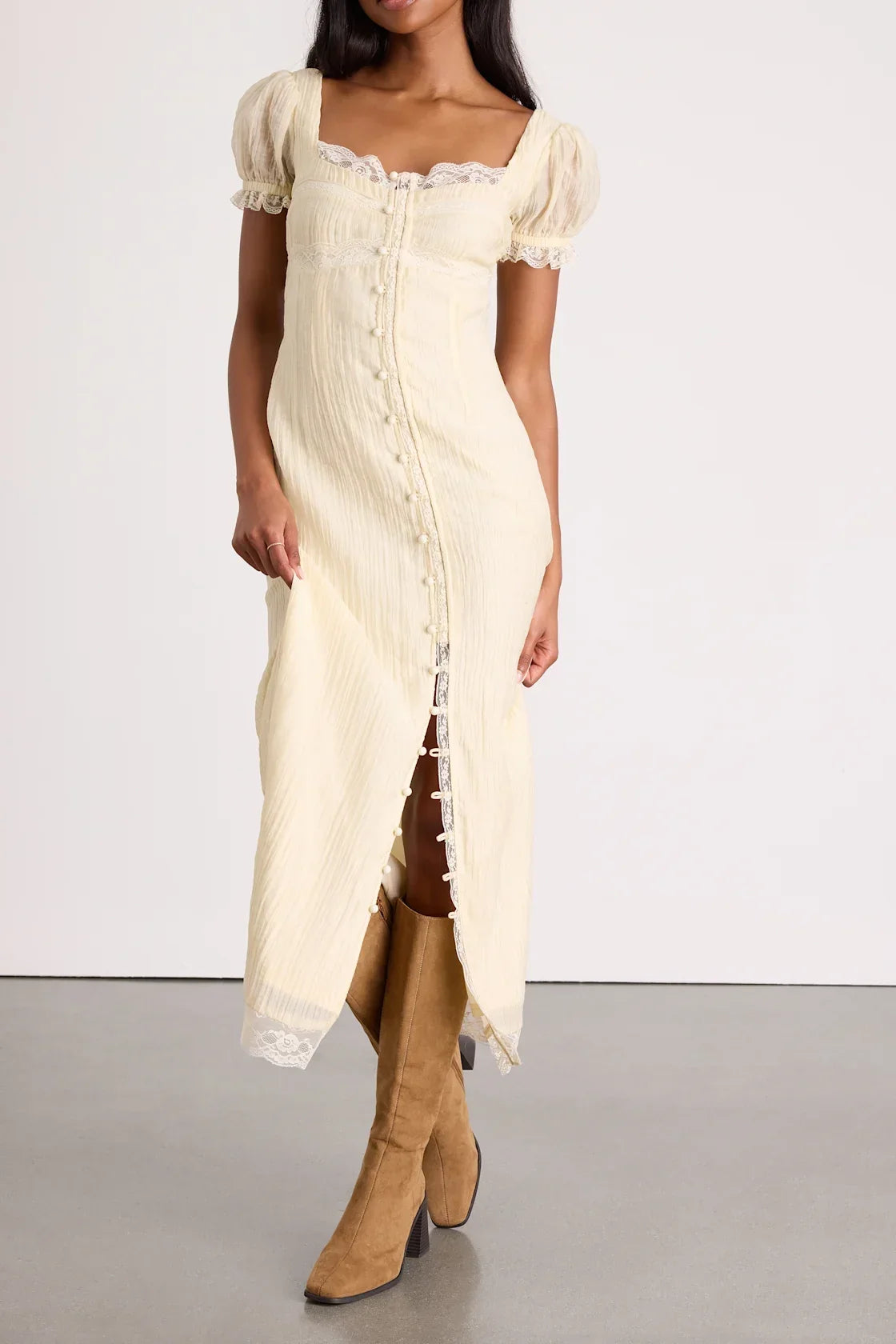 Crissa Cream Lace Textured Puff Sleeve Midi Dress