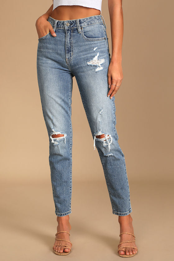Tobi Medium Wash High-Rise Distressed Mom Jeans