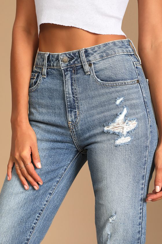 Tobi Medium Wash High-Rise Distressed Mom Jeans