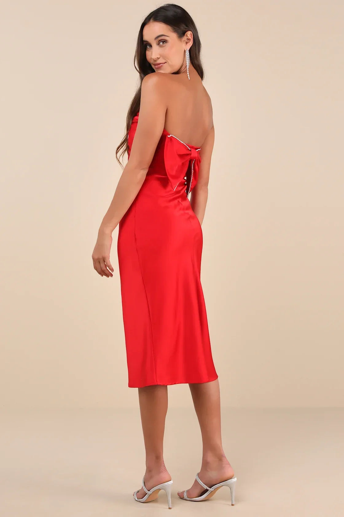 Luxe Crush Red Satin Rhinestone Bow Strapless Midi Dress