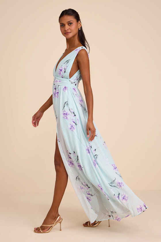 Garden Meandering Mint Blue Floral Print Maxi Dress