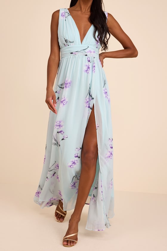 Garden Meandering Mint Blue Floral Print Maxi Dress