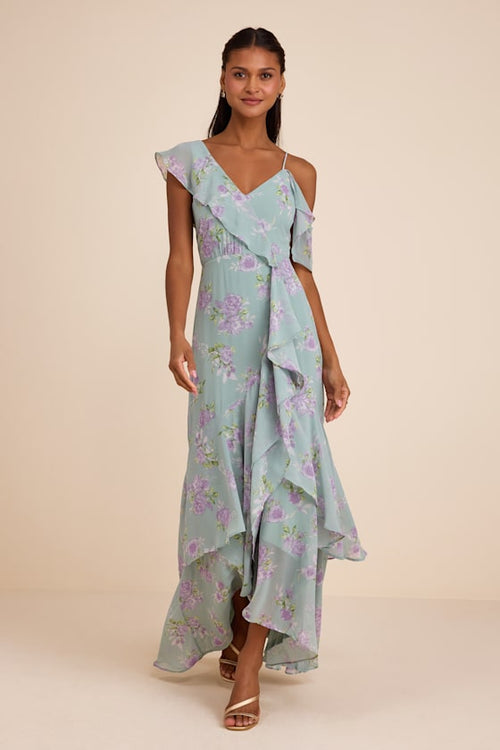 Velma Sage Floral Ruffled Asymmetrical Maxi Dress