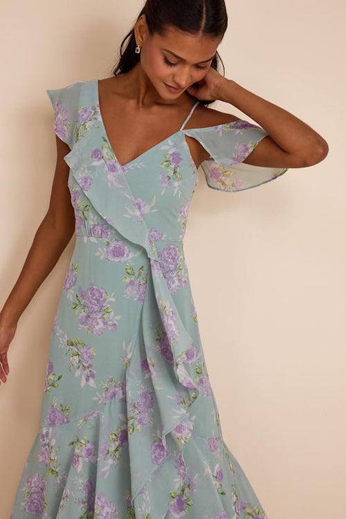 Velma Sage Floral Ruffled Asymmetrical Maxi Dress