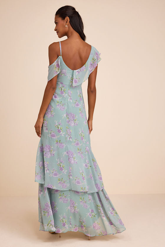 Velma Sage Floral Ruffled Asymmetrical Maxi Dress