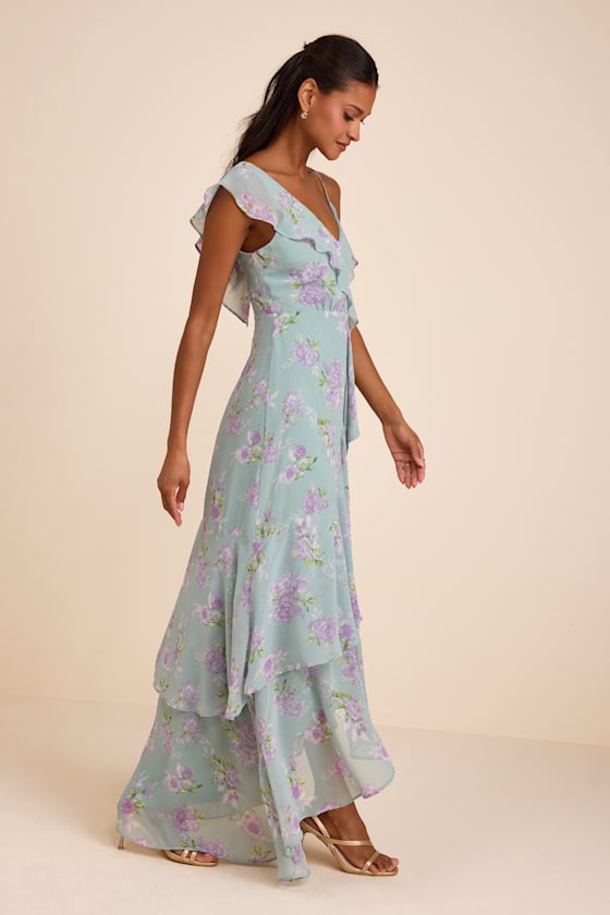 Velma Sage Floral Ruffled Asymmetrical Maxi Dress