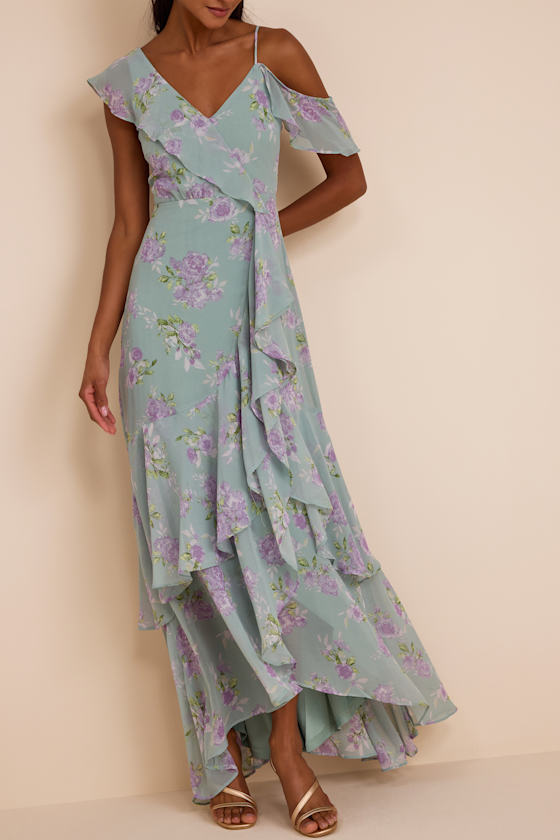 Velma Sage Floral Ruffled Asymmetrical Maxi Dress