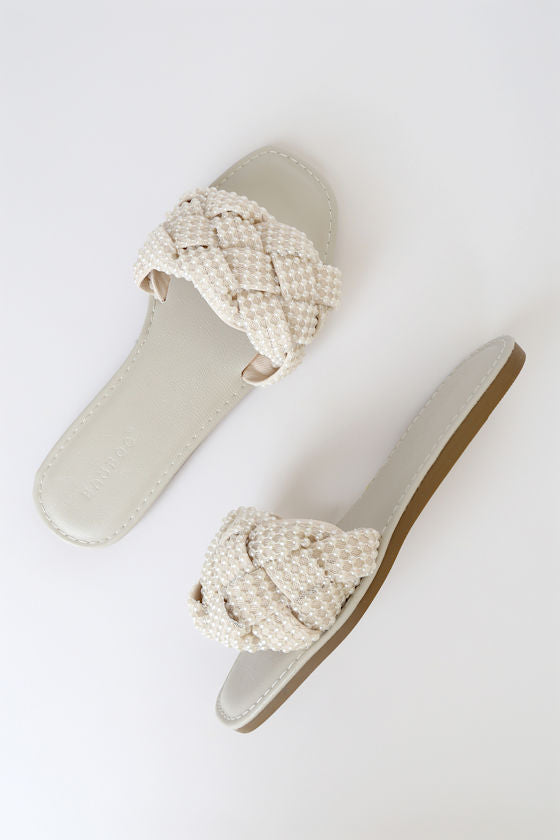 Avalon Ivory Pearl Braided Flat Slide Sandals