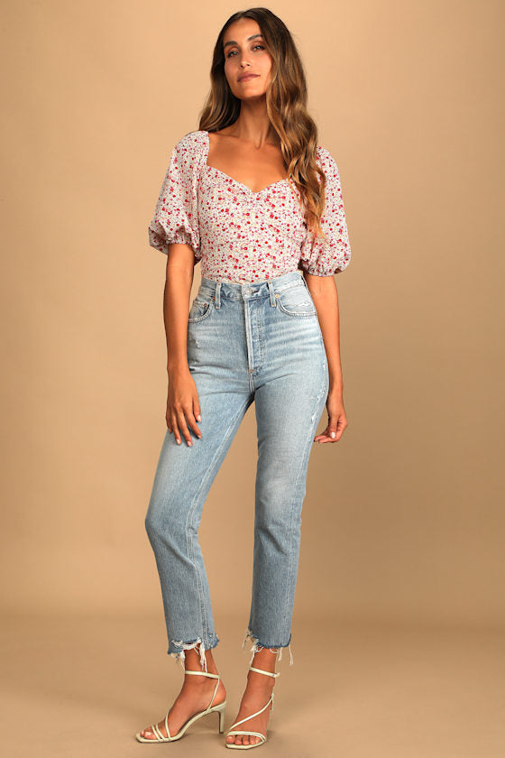 Beautiful Hues Ivory Floral Print Puff Sleeve Ruched Bodysuit