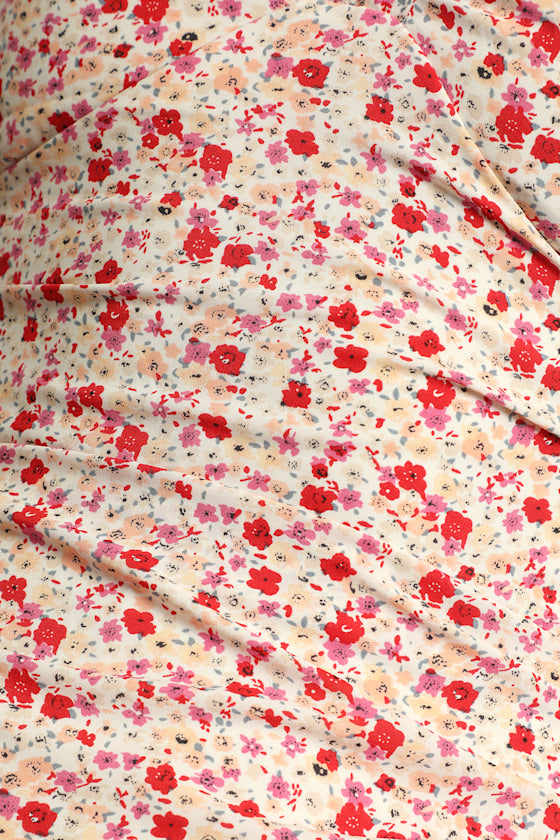 Beautiful Hues Ivory Floral Print Puff Sleeve Ruched Bodysuit