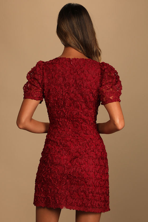 Always For You Wine Red Puff Sleeve Mini Dress