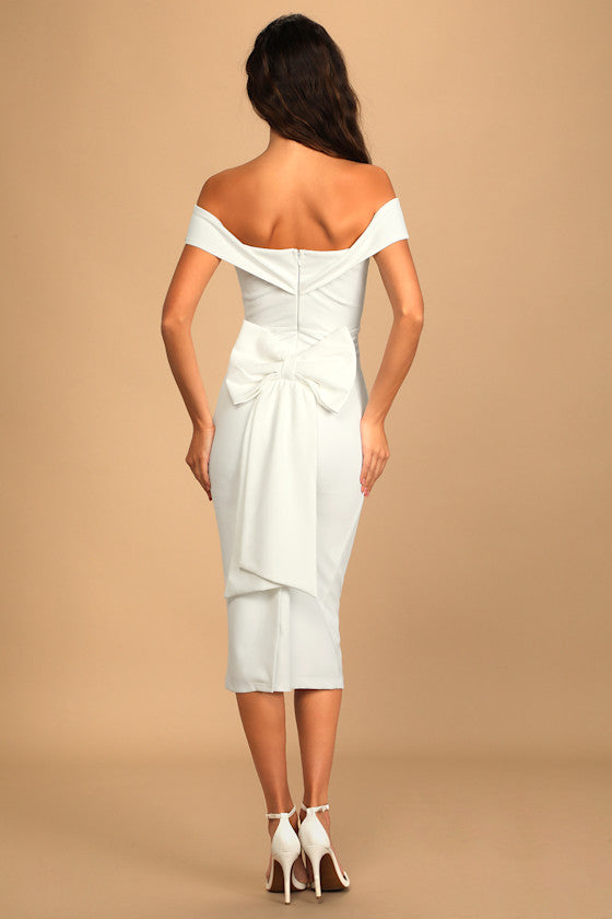 Cordially Invited White Off-the-Shoulder Bow Back Midi Dress