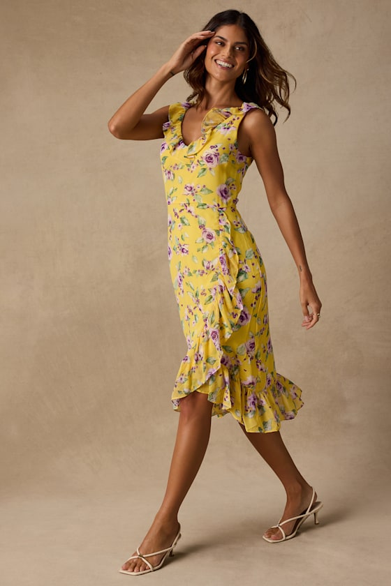 Rio Yellow Multi Floral Ruffled Midi Dress