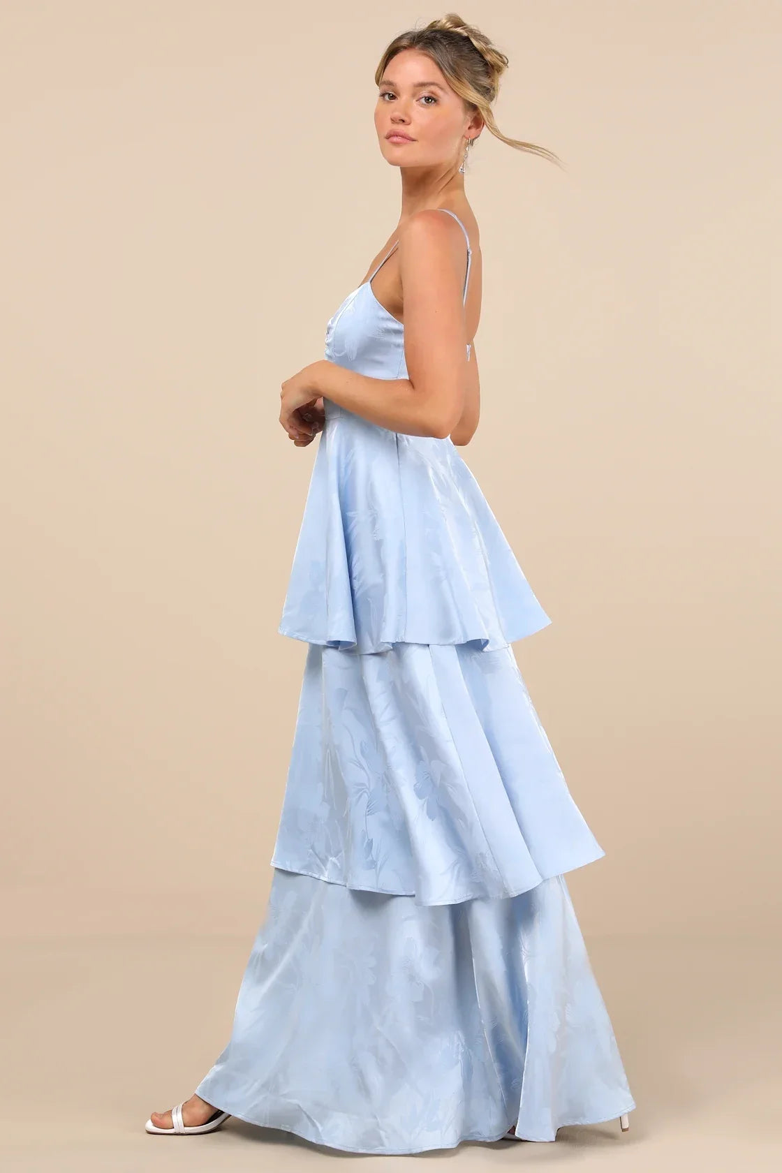Prigette Light Blue Jacquard Tiered Maxi Dress