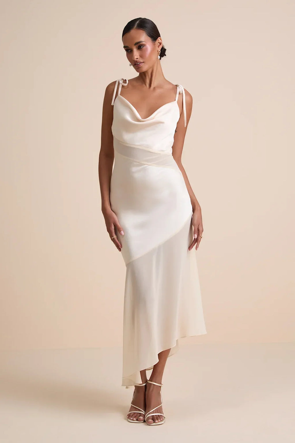 Enara Cream Satin Mesh Tie-Strap Asymmetrical Midi Dress
