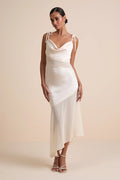 Enara Cream Satin Mesh Tie-Strap Asymmetrical Midi Dress