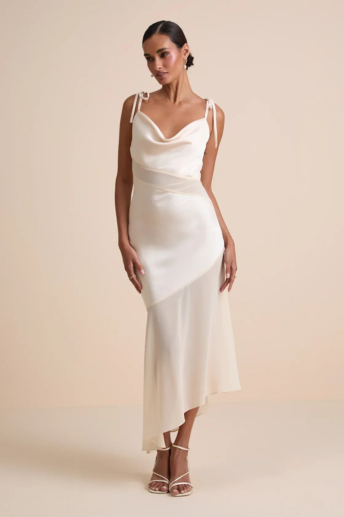 Enara Cream Satin Mesh Tie-Strap Asymmetrical Midi Dress