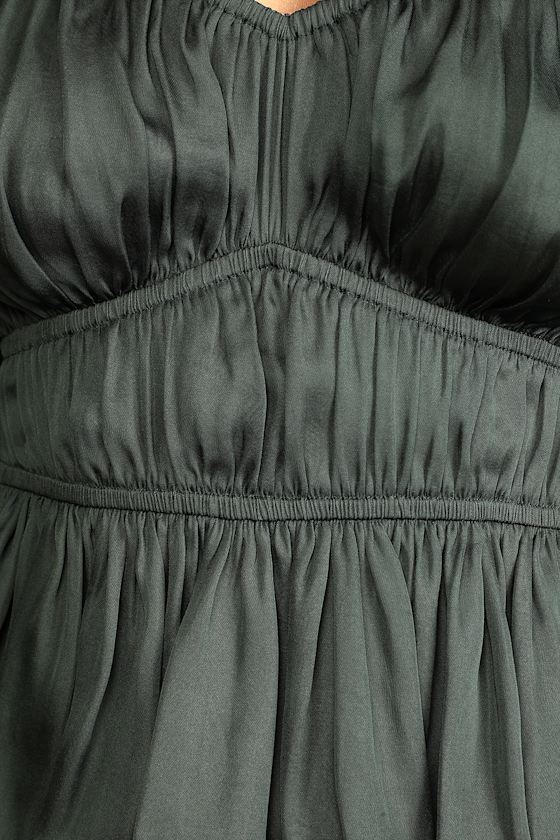 Sophisticate Dark Green Satin Ruched Long Sleeve Top