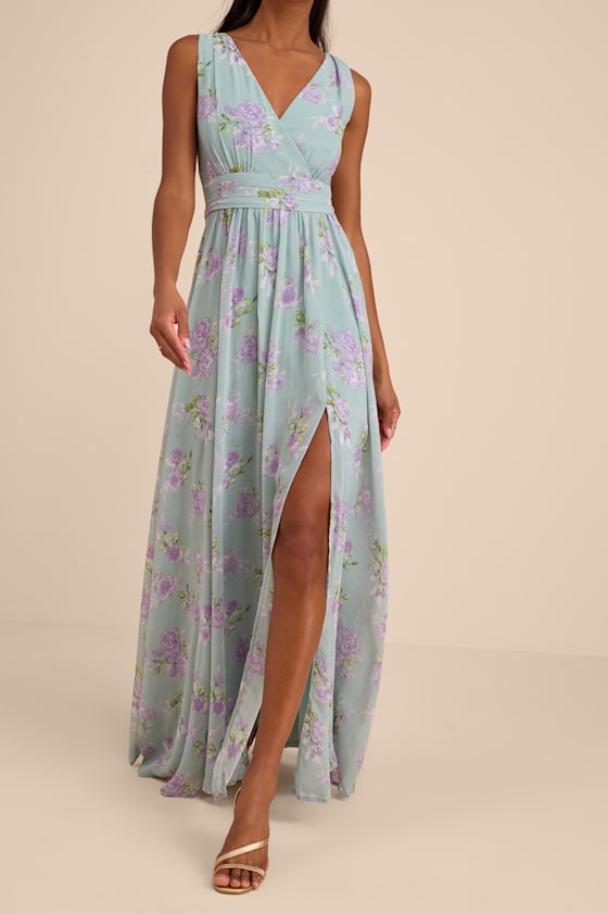 Heavenly Hues Sage Floral Surplice Maxi Dress