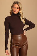 Wilde Dark Brown Ribbed Long Sleeve Mock Neck Bodysuit