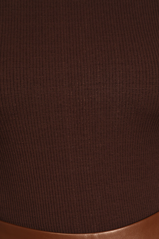 Wilde Dark Brown Ribbed Long Sleeve Mock Neck Bodysuit