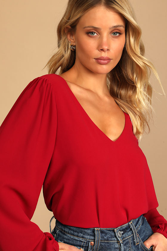 Stylish and Sincere Berry Red Long Sleeve V-Neck Top