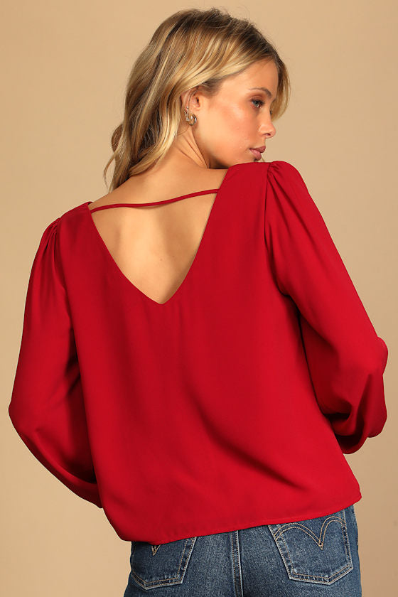 Stylish and Sincere Berry Red Long Sleeve V-Neck Top