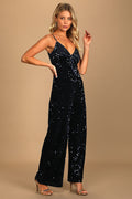Dazzling Demeanor Navy Blue Velvet Sequin Straight Leg Jumpsuit