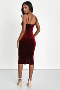 Plush Personality Wine Red Velvet Ruched Bodycon Midi Dress