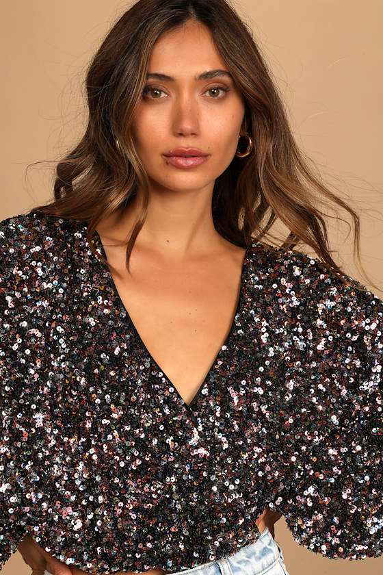 Keep Dazzling Pink Multi Sequin Long Sleeve Crop Top