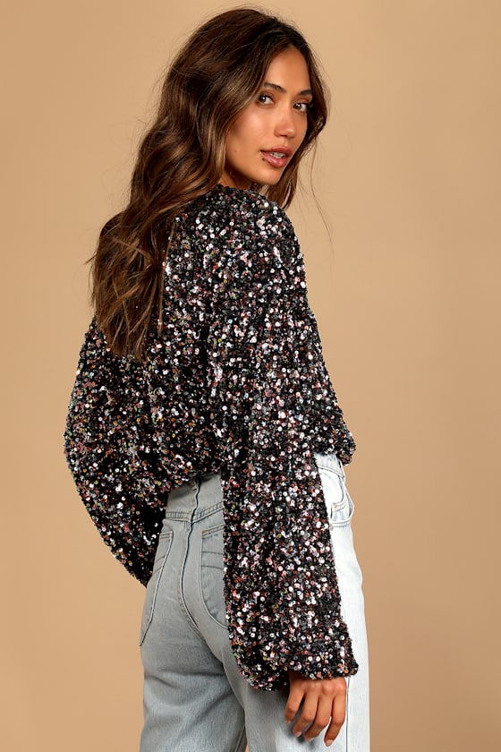 Keep Dazzling Pink Multi Sequin Long Sleeve Crop Top