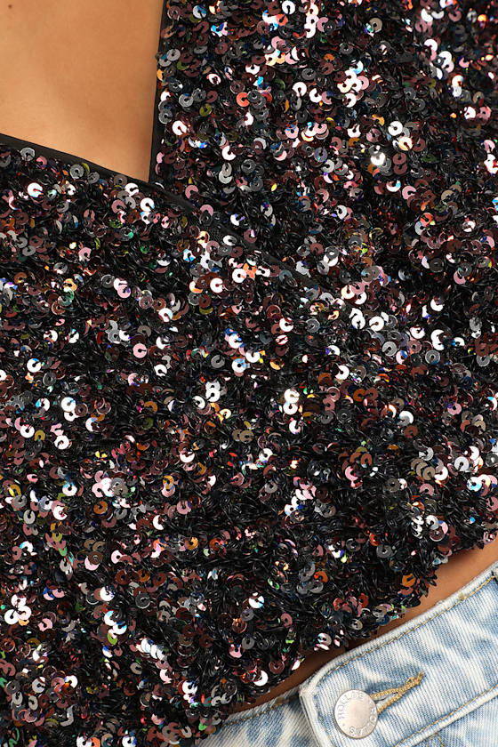 Keep Dazzling Pink Multi Sequin Long Sleeve Crop Top