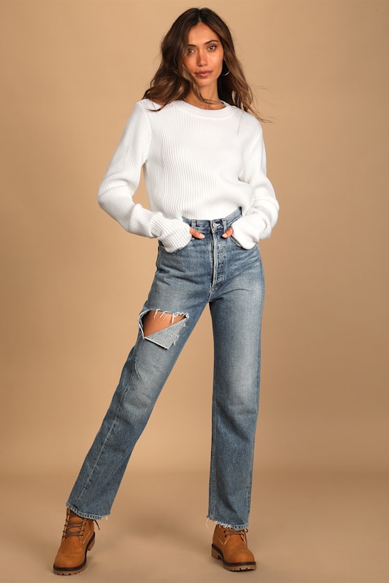 Favorite Festivities Ivory Ribbed Knit Cuff Sleeve Sweater